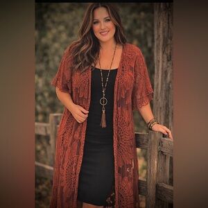 Open-Front Lace Duster in Rust - Women’s Cape